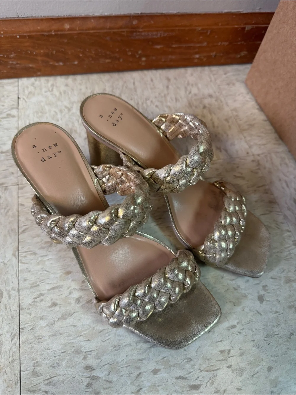 a new day Shimmery Braided-Strap Heeled Sandals in Metallic Gold